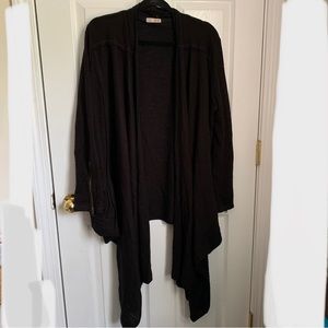 Ellui large black wrap jacket, long front, zip detail on sleeves, pockets